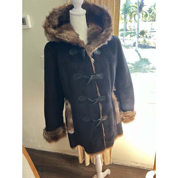 NWT Coldwater Creek Wonderlands toggle pea Coat Sz M Black suede faux fur - Picture 2 of 12